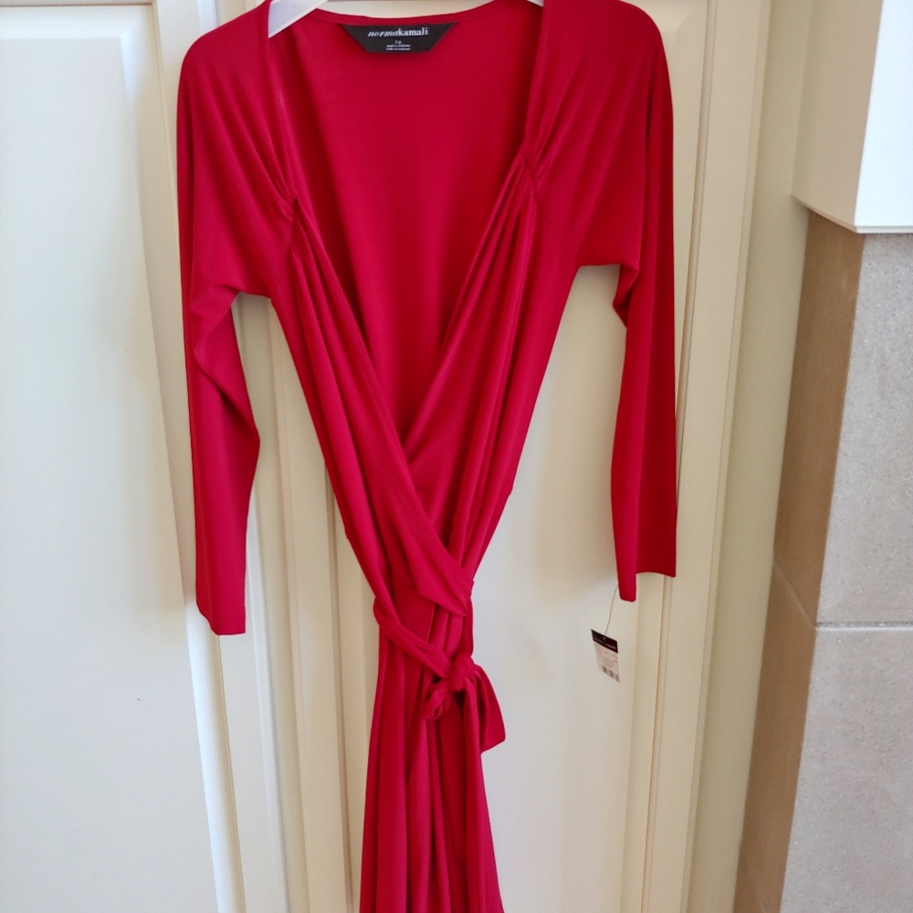 Red long sleeve wrap dress